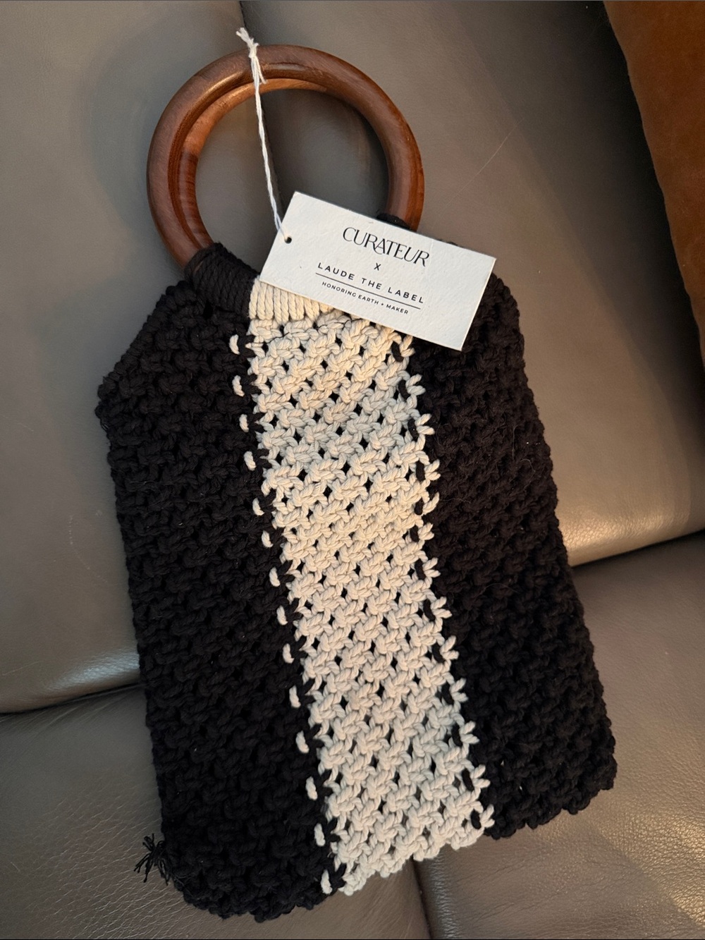 Curateur Crochet Satchel in Black and Cream with Wooden Rings NWT
